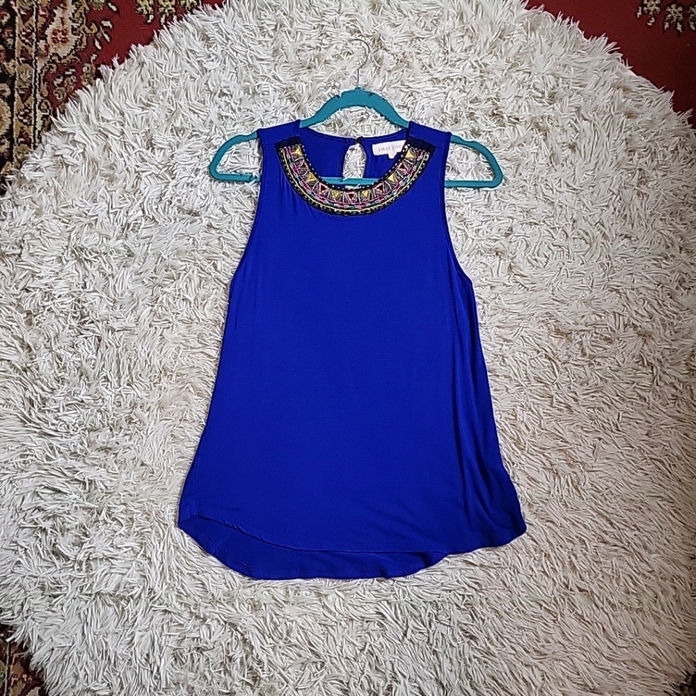 Nordstrom Eight Sixty Royal Blue Tribal Beaded Boho Detail Sleeveless Tank Top S